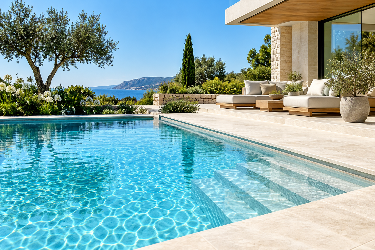 Clear blue pool in a garden terrace