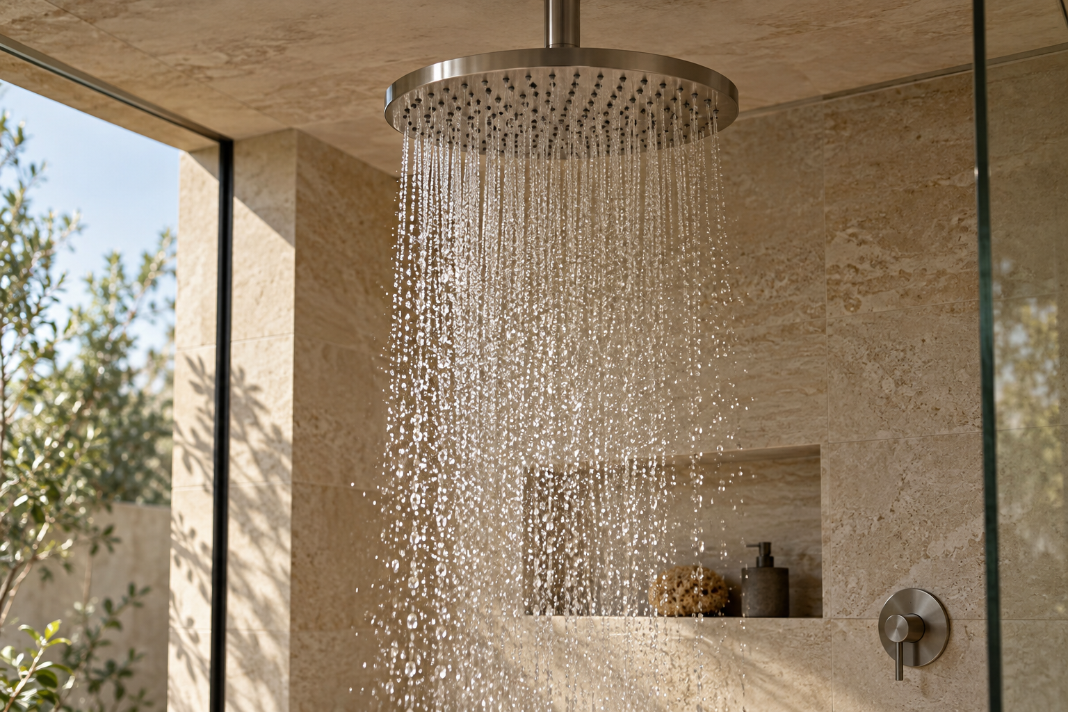Rain shower flowing in a stone bathroom